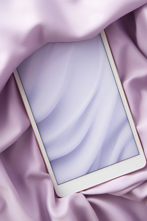 Tablet on satin background. 3d illustration. Mock up.の素材