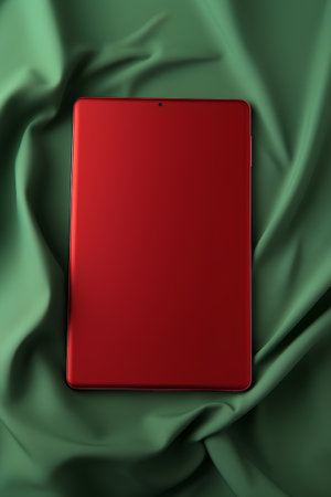 Red laptop on a green satin cloth. 3d rendering.の素材