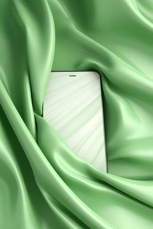 Smartphone on green satin cloth. 3d render illustration.の素材