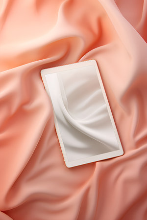 Illustration of a red satin background with a blank card for your textの素材