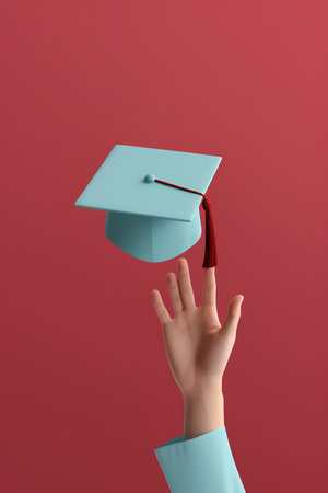 3d render of hand with graduation cap isolated on red background.の素材