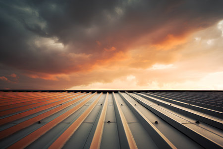 roof of corrugated sheet metal with dramatic sky at sunsetの素材