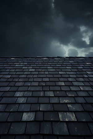 Black roof of a house with dark clouds in the sky. Toned.の素材