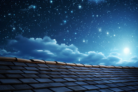 Roof of a house in the night sky with stars and cloudsの素材