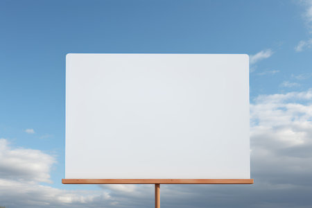 Blank billboard on a wooden stand on a background of blue skyの素材