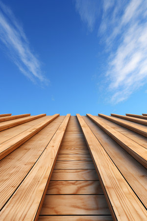 Wooden steps on blue sky background. Perspective view of wooden steps over blue sky. 3d renderの素材