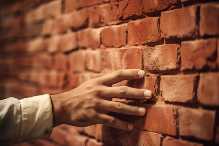Closeup of a man's hand holding a brick wall in front of himの素材