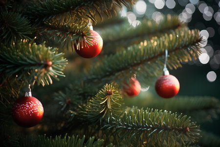 Christmas tree with red baubles and lights bokeh backgroundの素材