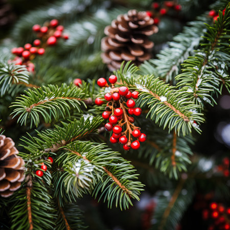 Christmas tree branches with red berries and pine cones, close-upの素材