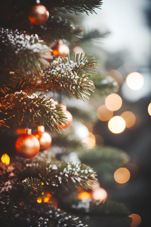 Christmas tree with decorations, lights and bokeh. New Year backgroundの素材