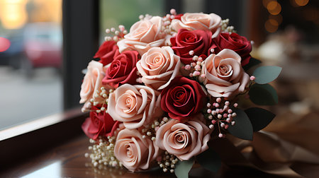 Wedding bouquet of red roses on a wooden table.の素材