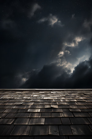 wooden floor and dark clouds in the night sky. 3d renderingの素材