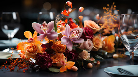 Beautiful table setting with flowers and cutlery, closeupの素材