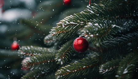 Christmas tree with red baubles and snowflakes on blurred backgroundの素材