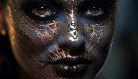 Close-up portrait of a beautiful woman with gold make-upの素材