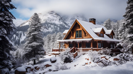 Beautiful wooden house in Dolomites mountains in winter, Italyの素材