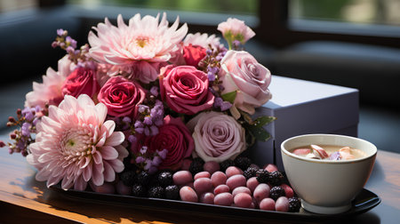 Beautiful bouquet of flowers and cup of coffee on wooden tableの素材