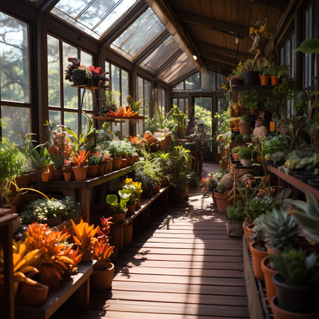 Flowers in pots in a greenhouse on a sunny summer day.の素材