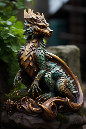 Bronze dragon statue on the stone in the garden. Selective focus.の素材