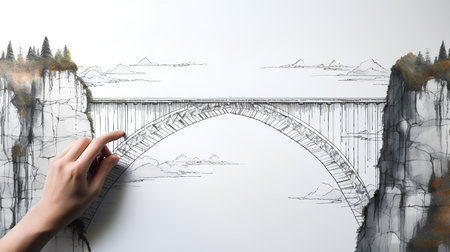 Hand drawing bridge on white background. Construction and architecture concept. Double exposureの素材