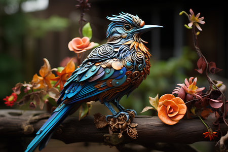 Colorful bird on a branch with flowers. 3d rendering.の素材