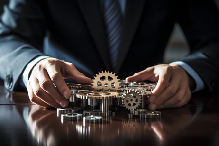 Businessman hands working with gears and cogwheels on wooden tableの素材
