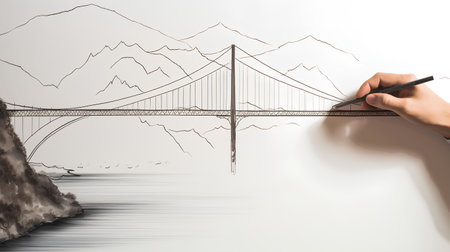 Hand drawing Golden Gate Bridge in San Francisco, USA. 3D Renderingの素材