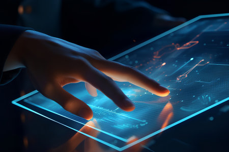 Close up of human hand touching virtual panel on dark background. 3D renderingの素材