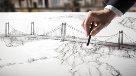 Close up image of human hand drawing sketches of bridge on white paperの素材