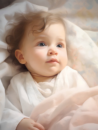 Portrait of a beautiful little baby girl on a white blanket.の素材