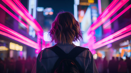 Back view of a young woman walking in the night city with neon lights.の素材