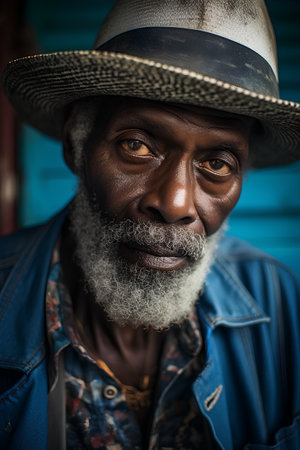 Portrait of an elderly African man in a hat and jeans jacket.の素材