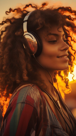 Beautiful african american girl listening to music with headphones at sunsetの素材