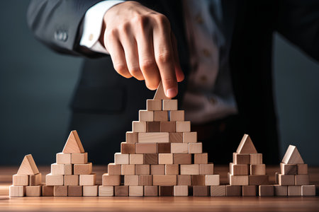Businessman building pyramid of wooden blocks. Risk management and strategy conceptの素材