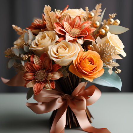 Bouquet of flowers in brown tones on a gray background.の素材
