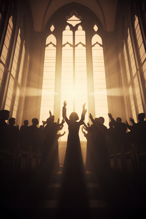 Silhouettes of people in the church at sunset. 3d renderingの素材