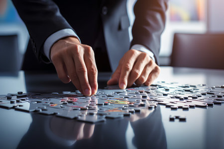 business, technology and people concept - close up of businesswoman hands assembling jigsaw puzzle at officeの素材