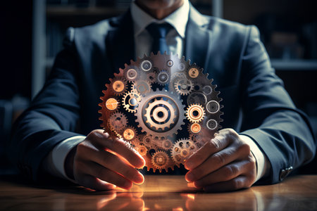 Close up of businessman hands working on tablet pc and gear wheel as conceptの素材