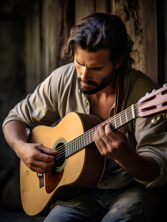 Handsome young man playing acoustic guitar in front of a wooden wallの素材