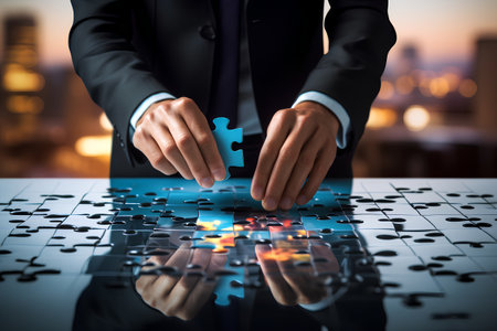 Close up of businesswoman hand connecting puzzle pieces on cityscape backgroundの素材