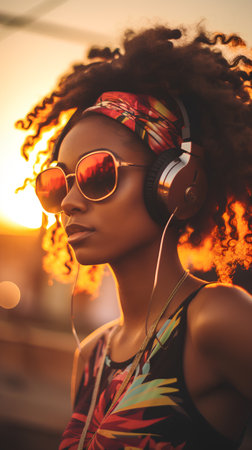 Young african american woman listening to music with headphones at sunsetの素材