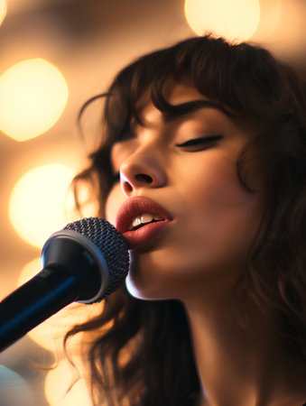 Closeup portrait of beautiful young woman singing with microphone over bokeh backgroundの素材