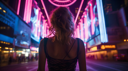 Beautiful young woman in a night city. Girl in a black dress on the background of neon lights.の素材
