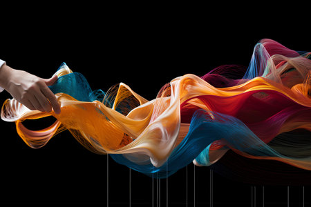 Human hand holding colorful abstract wave on black background. 3d renderingの素材