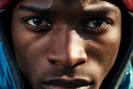 Close up portrait of a young african american man with blue eyesの素材