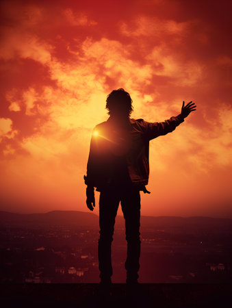 Silhouette of a man on the background of the sunset.の素材