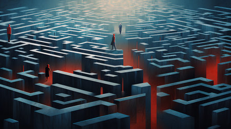 Businessman standing in front of a maze and looking at the solutionの素材