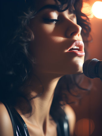 Portrait of beautiful young woman singing in microphone. Retro style.の素材
