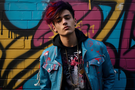 young handsome teenage hipster man with colorful hair posing in urban backgroundの素材