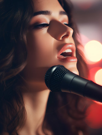 Closeup portrait of beautiful young woman singing into a microphone. Disco lights in the background.の素材